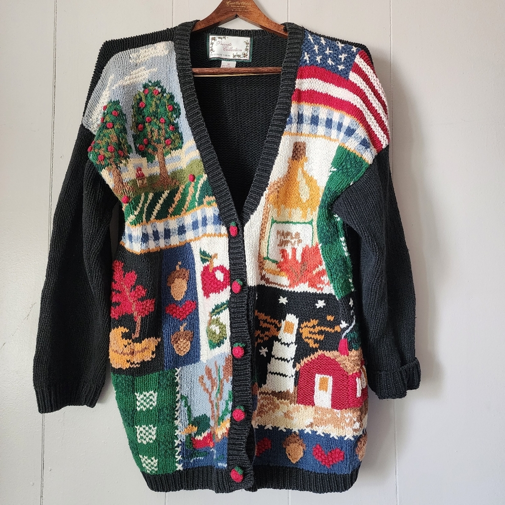 Vintage Autumn Knit Cardigan Sweater Medium Private Collection Folk Art Cottage